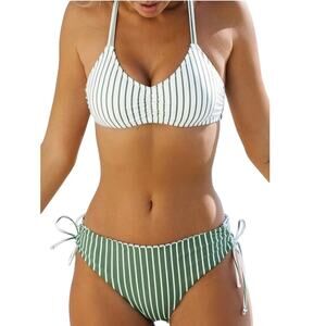 Women 2 Piece Swimsuit Green White Stripe Bikini Medium Reversible Bottom Cross